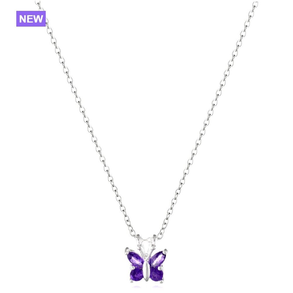Sterling Silver Amethyst Butterfly Pendant Necklace 18 Inch Chain